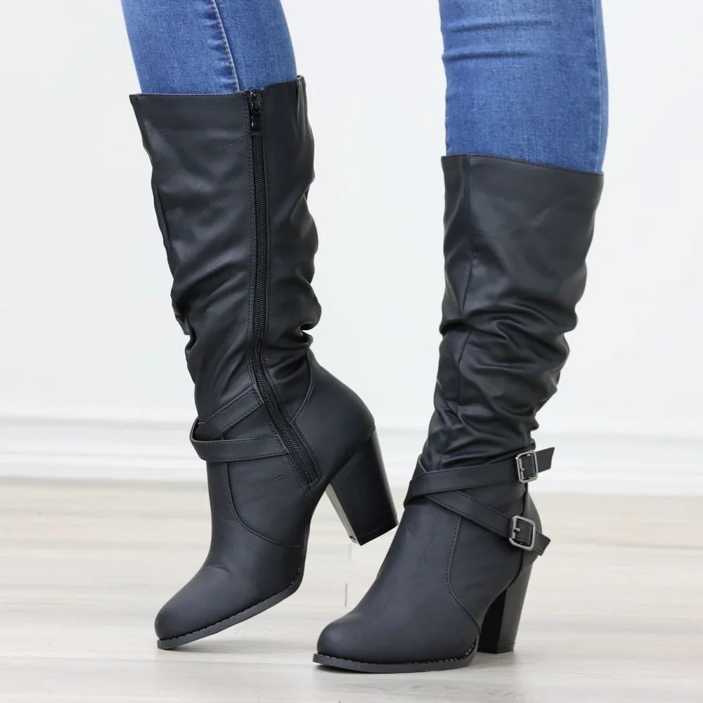 Black Mid Calf Block Heeled Boots Synthetic Leather Pointed Toe Womens - Picture 9 of 15